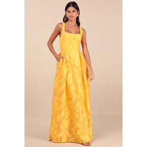 Lulus Perfected Aura Yellow Jacquard Tie-back Maxi Dress With Pockets - Size S